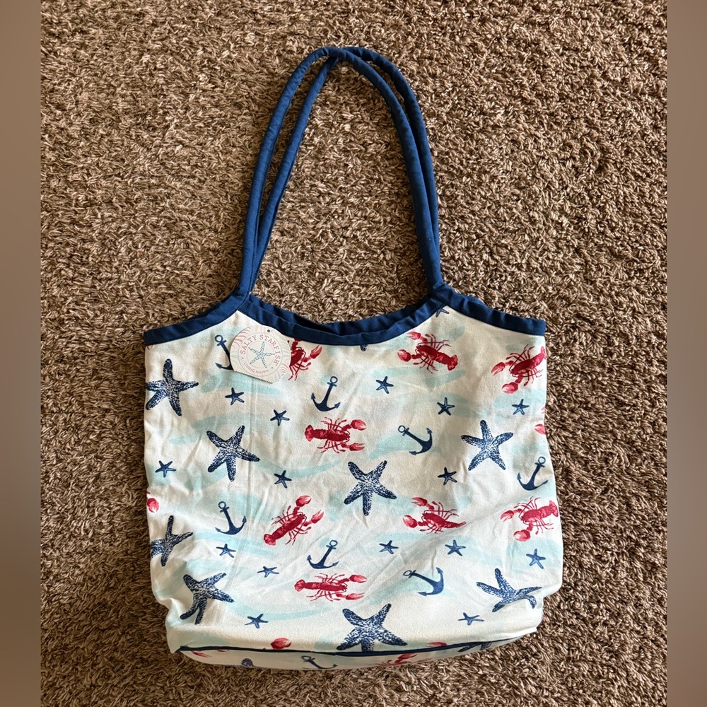 Salty Starfish Nautical Themed Tote Bag with Red and Blue Design